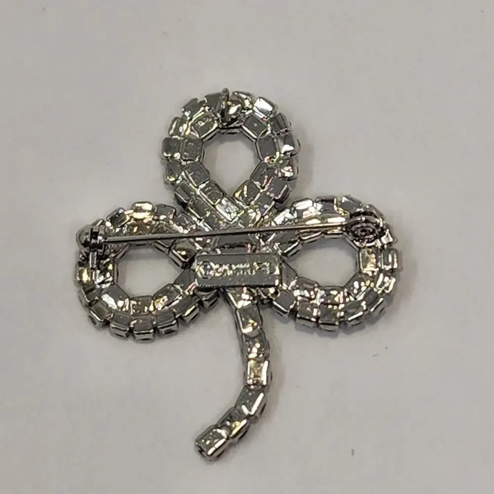 Shamrock Clover Green Clear Crystal Brooch Pin Signed FL 2011 Lucky Prong Set
